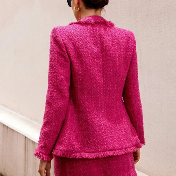 Classy Pink Tweed double breasted raw hem Blazer - Picture 6 of 6
